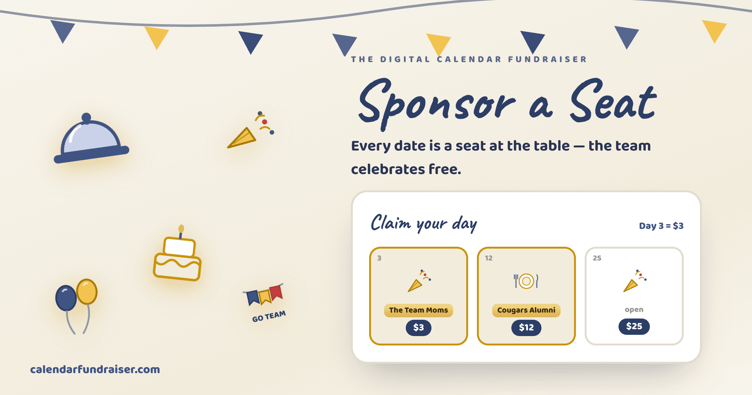 Digital calendar fundraiser for a team awards banquet — Sponsor a Seat board