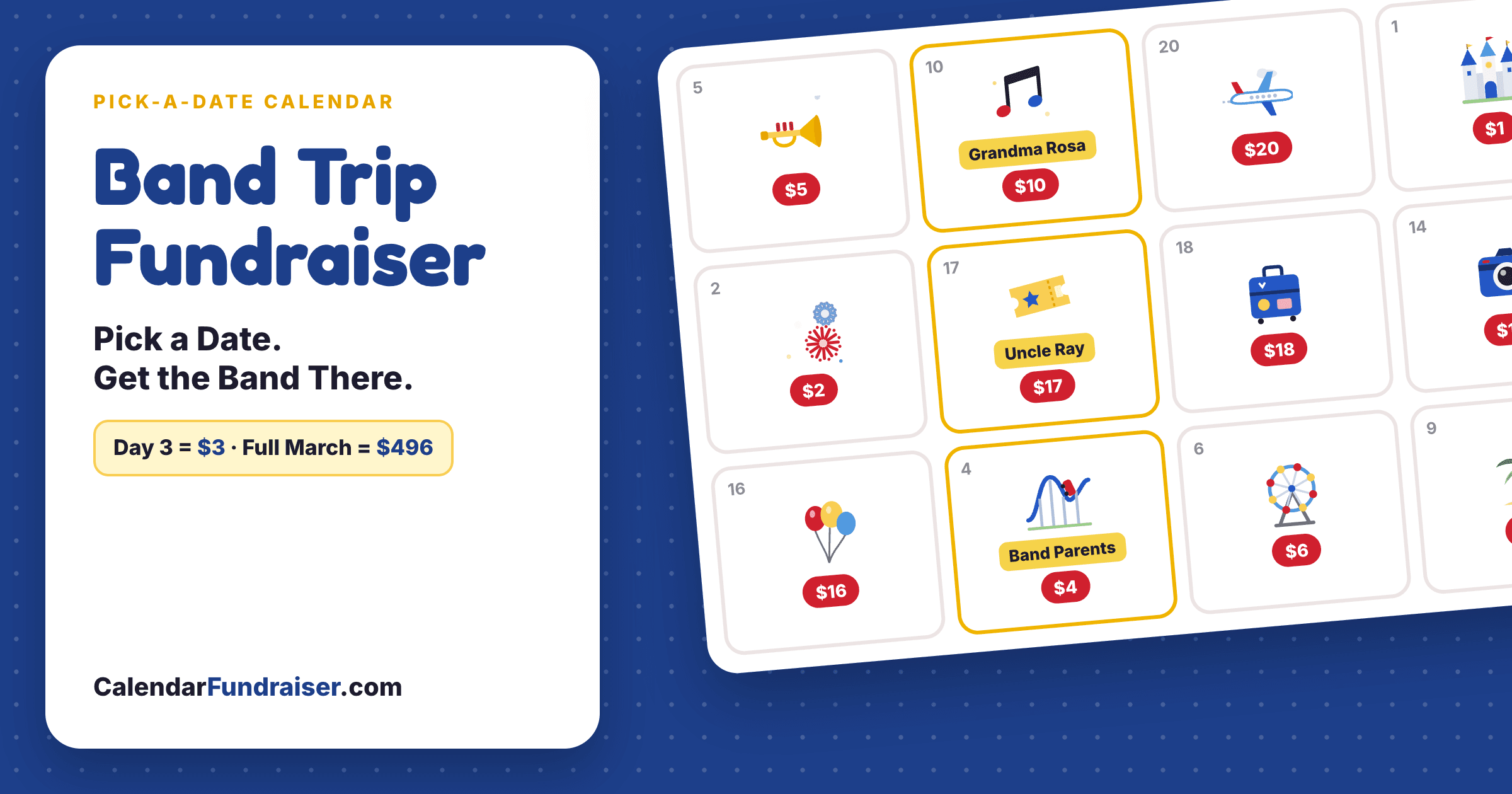 Band trip calendar fundraiser card: a tilted March calendar with the trumpet, music notes and the plane on the dates, and supporters' names on the claimed days