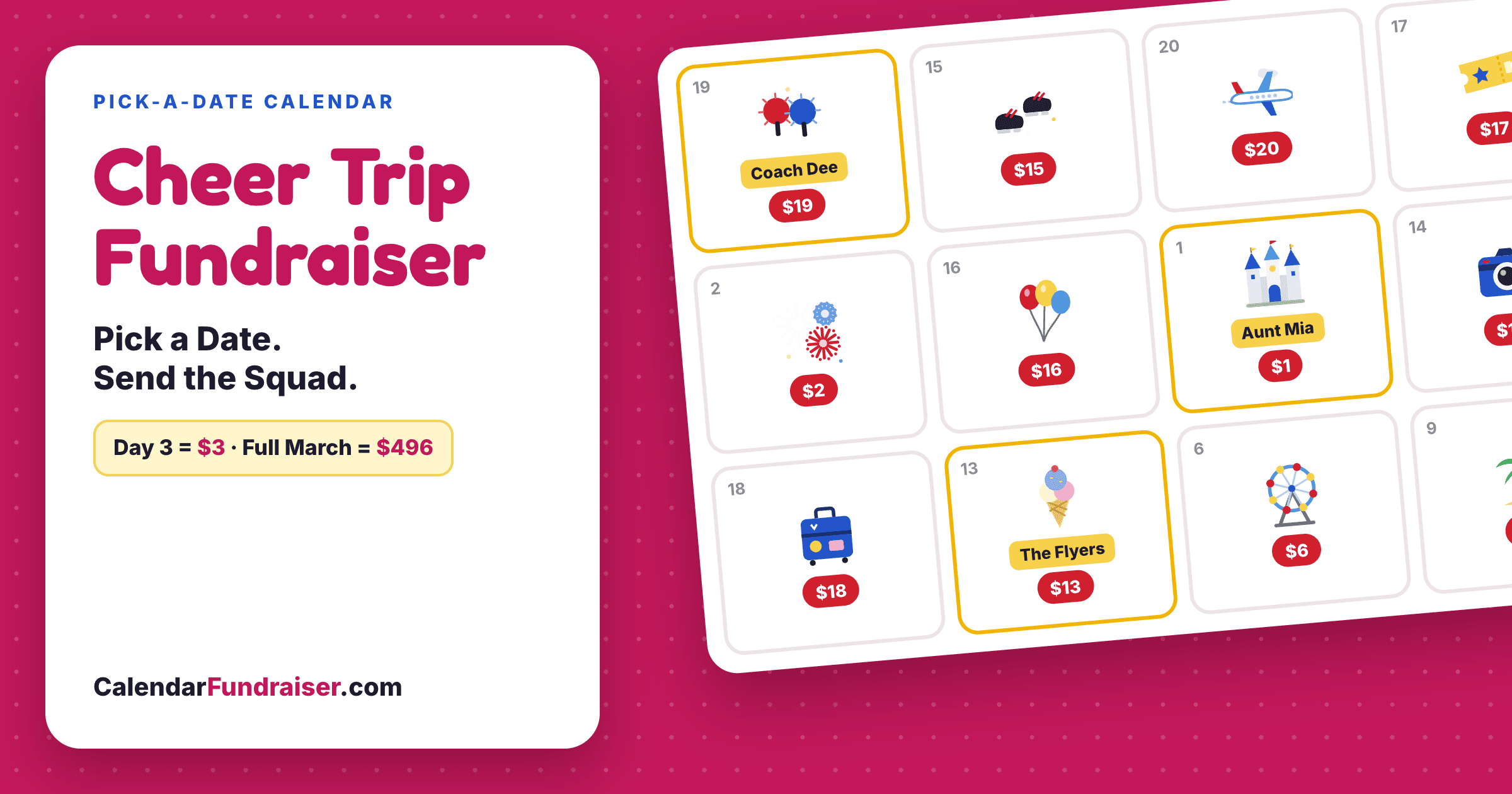 Cheer competition trip calendar fundraiser card: a tilted calendar with pom-poms, dance shoes and the plane on the dates, and supporters' names on the claimed days
