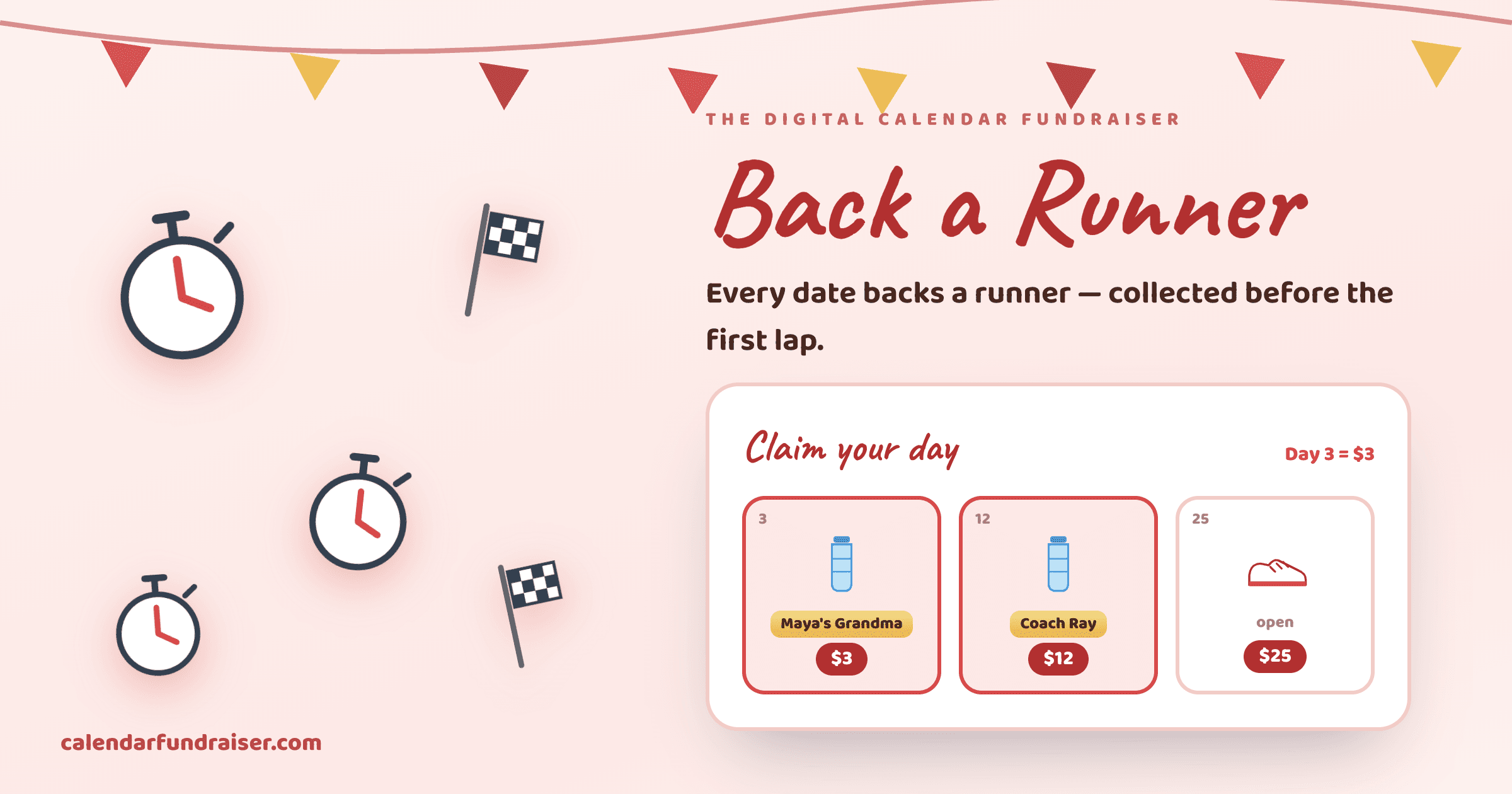 Digital calendar for a school fun run — Back a Runner board with stopwatches and medals