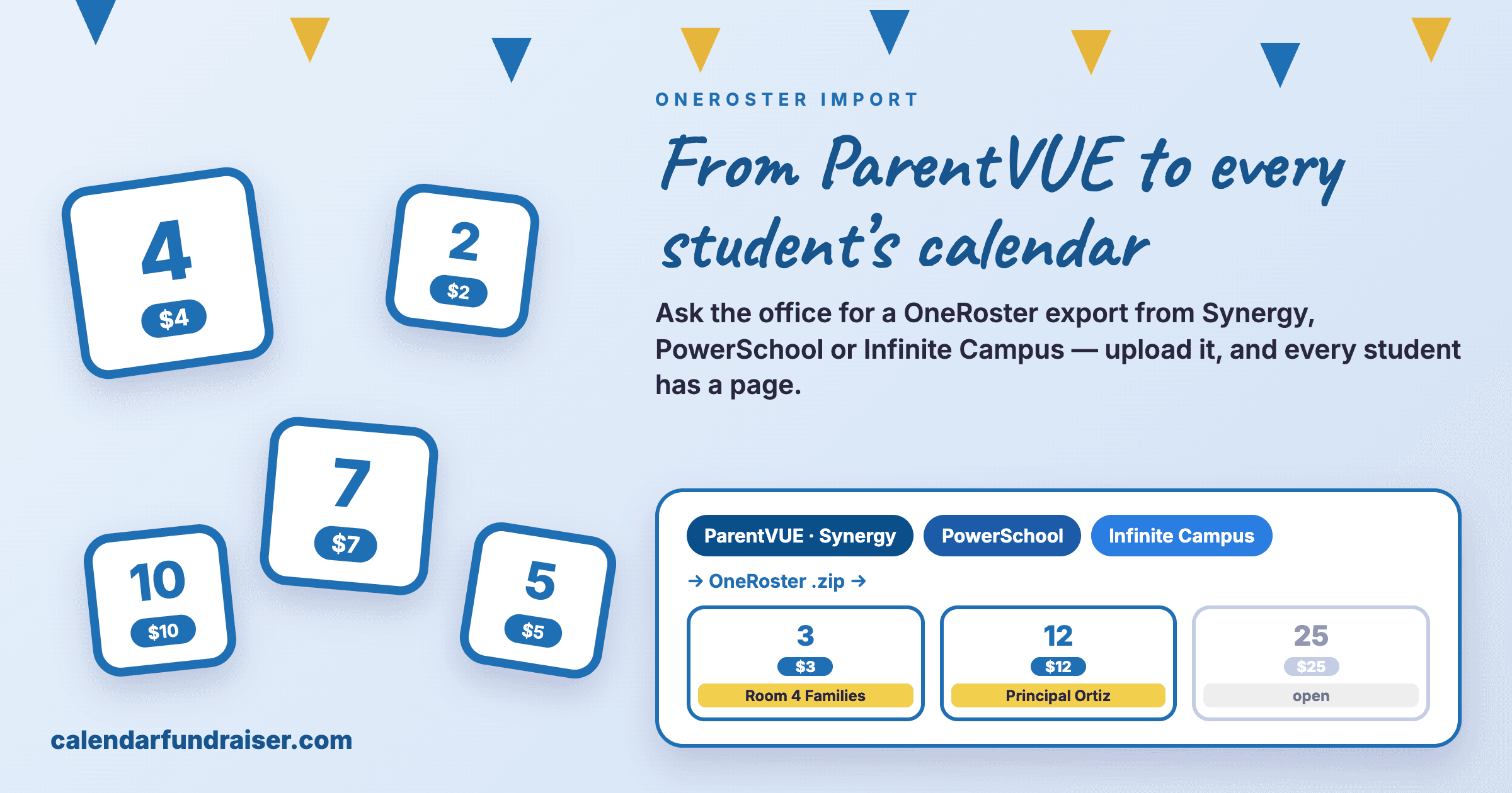 Import a school roster into a calendar fundraiser from ParentVUE / Synergy, PowerSchool or Infinite Campus with OneRoster
