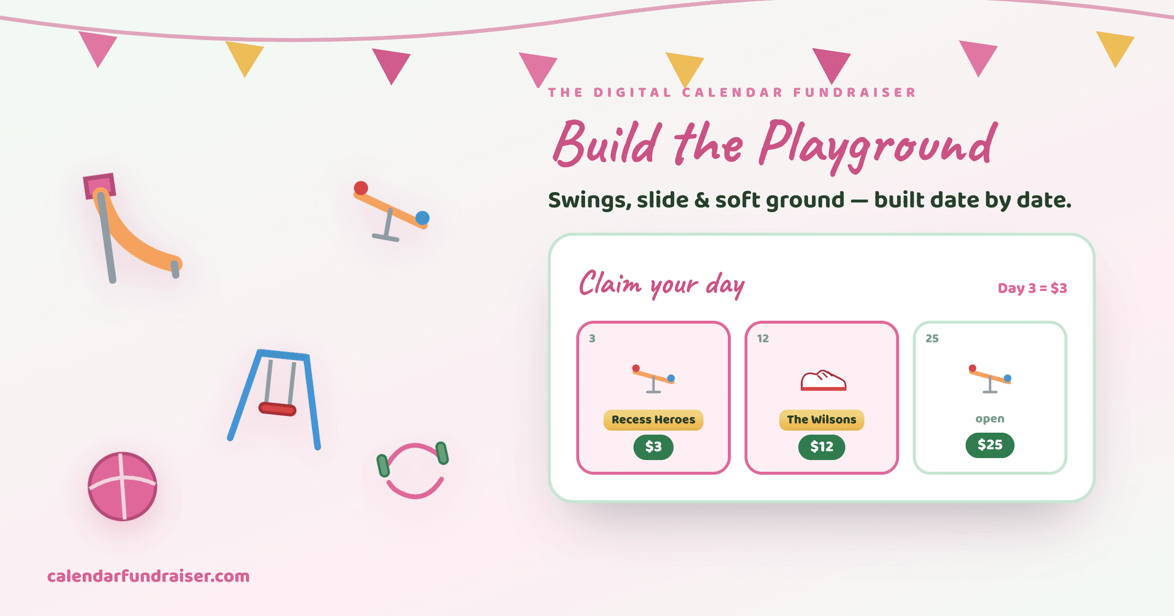 PTO digital calendar fundraiser for a new playground — Build the Playground board with slides and swings