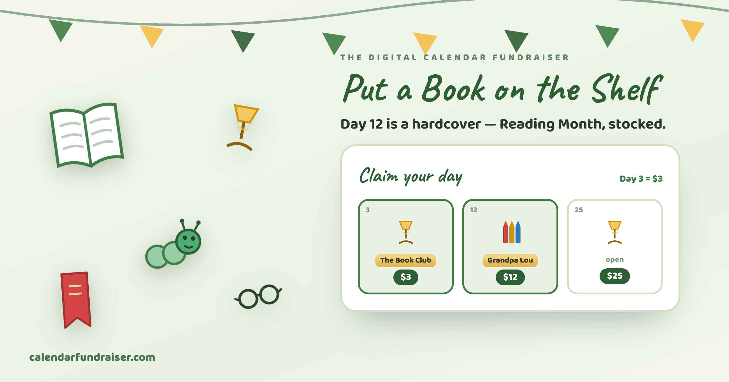 PTA digital calendar fundraiser for the school library — Put a Book on the Shelf board