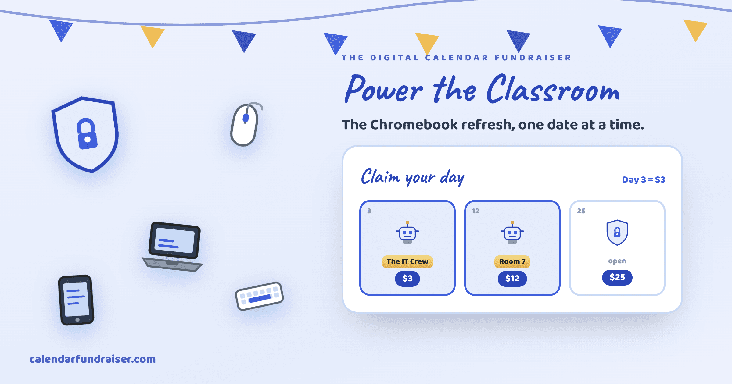 School digital calendar fundraiser for classroom technology — Power the Classroom board with laptops