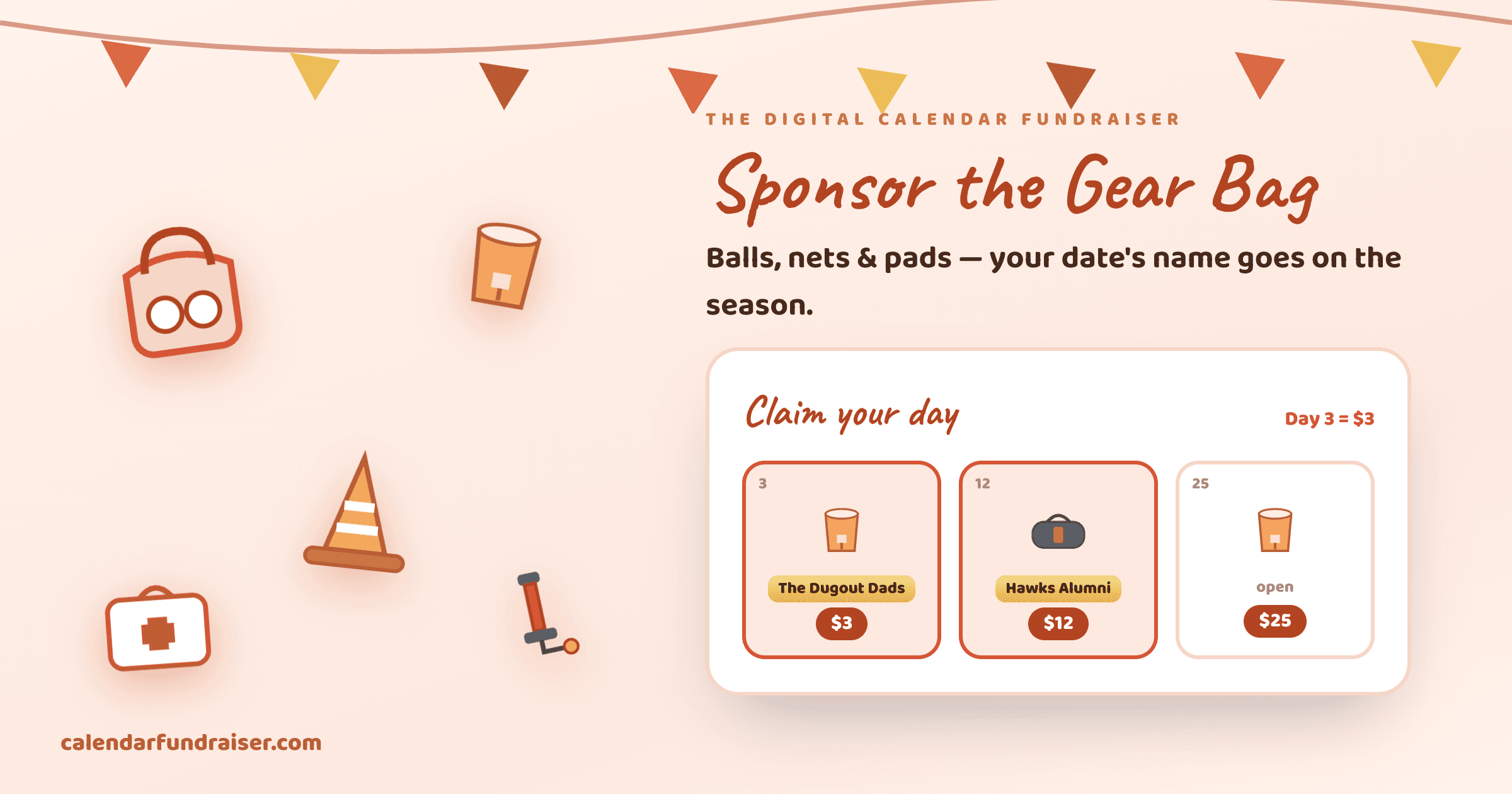 Digital calendar fundraiser for sports equipment — Sponsor the Gear Bag board