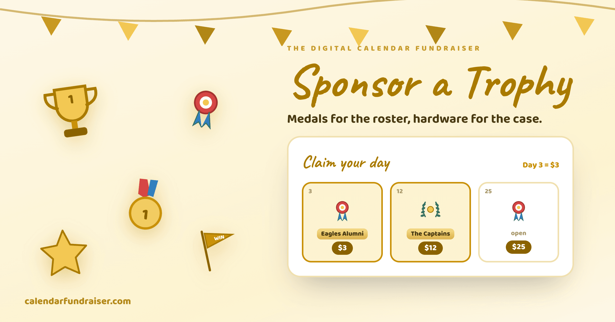 Digital calendar fundraiser for a sports team trophy fund — Sponsor a Trophy board with claimed dates