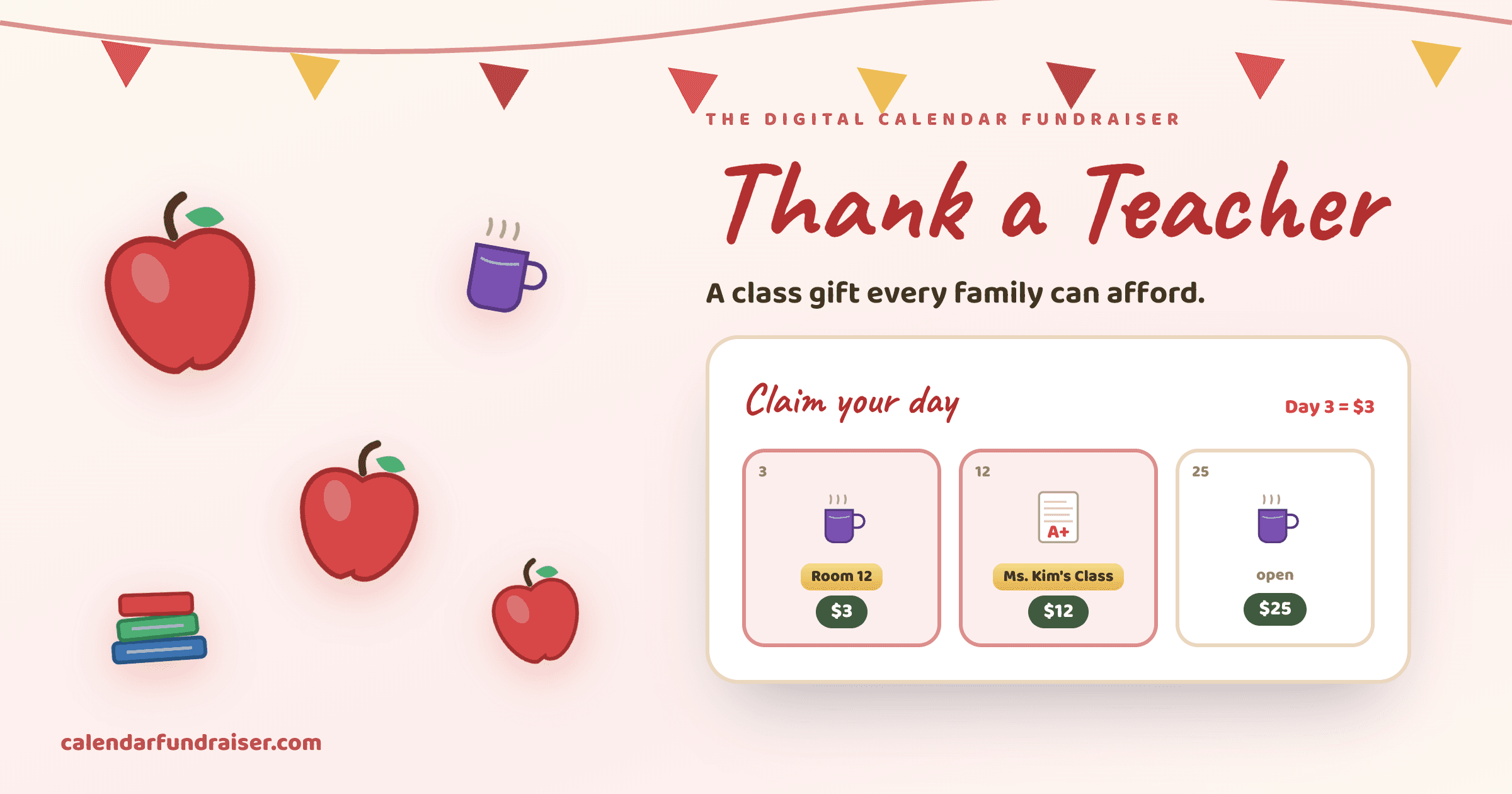 PTO digital calendar fundraiser for Teacher Appreciation Week — Thank a Teacher board with apples