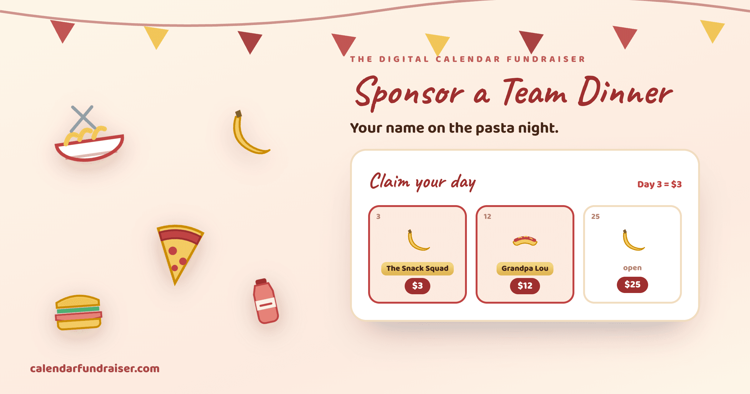 Digital calendar fundraiser for team meals — Sponsor a Team Dinner board with pasta and pizza