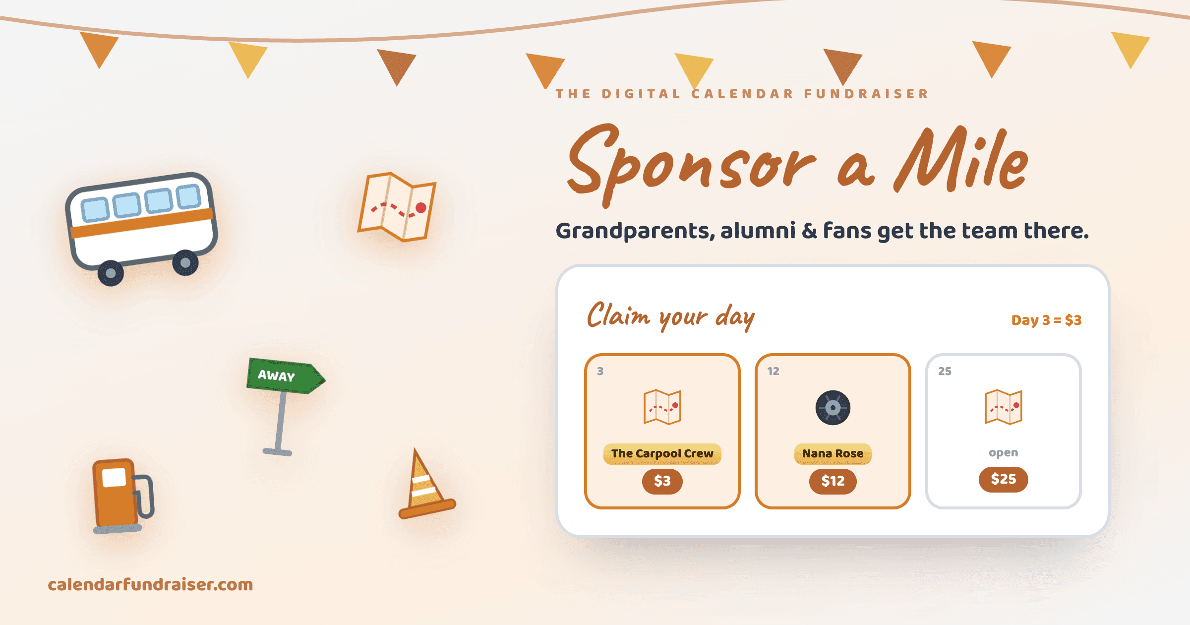 Digital calendar fundraiser for team travel — Sponsor a Mile board with the team bus