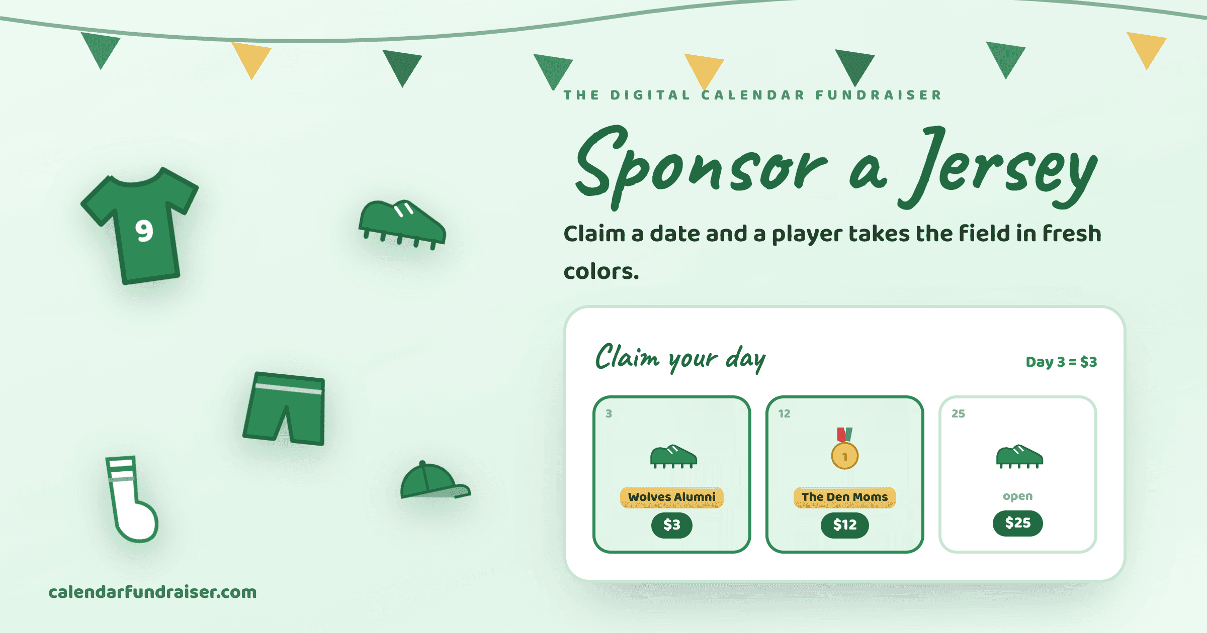 Digital calendar fundraiser for team uniforms — Sponsor a Jersey board with claimed dates