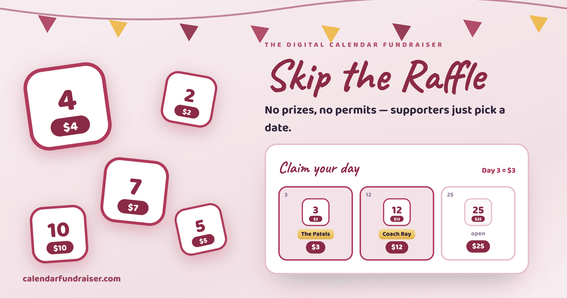 Calendar raffle vs pick-a-date digital calendar fundraiser — no prizes, no permits