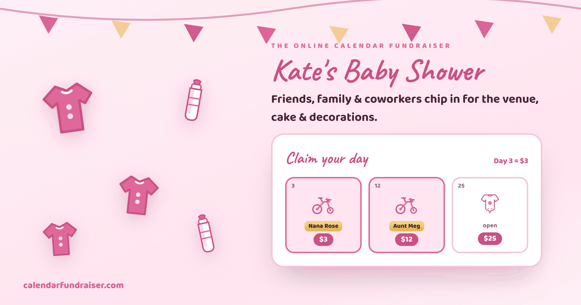 Online calendar fundraiser for a baby shower — Kate's Baby Shower board with claimed dates
