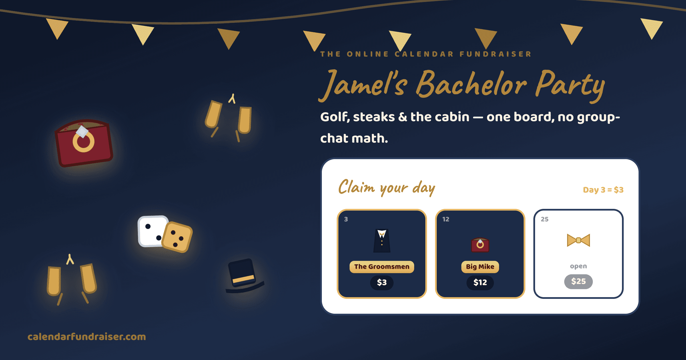 Online calendar fundraiser for a bachelor party — Jamel's Bachelor Party board