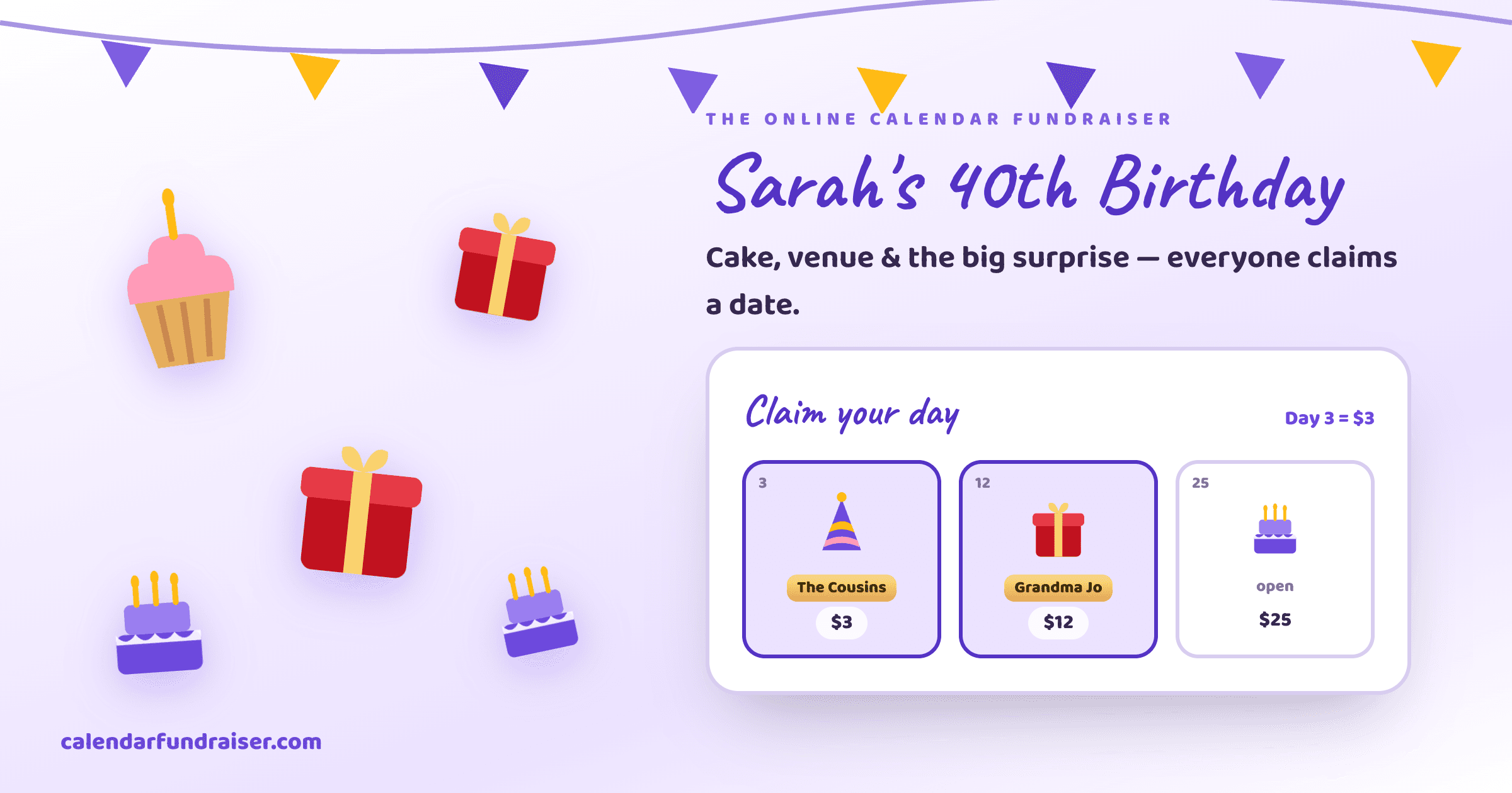 Online calendar fundraiser for a birthday party — Sarah's 40th Birthday board