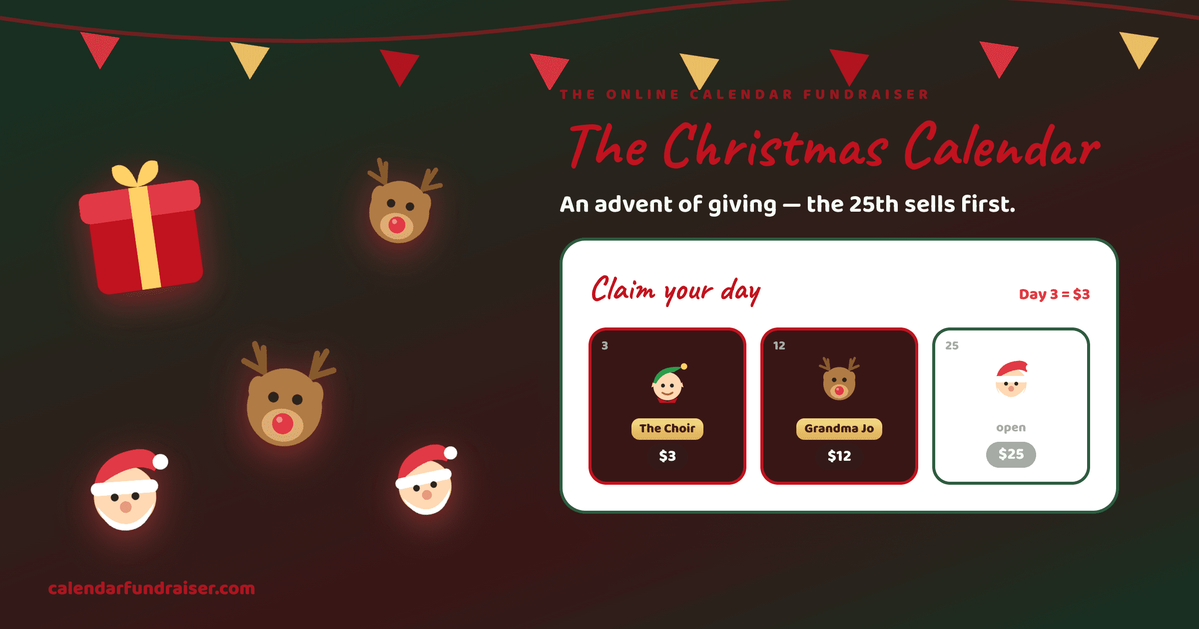 Online calendar fundraiser for Christmas — advent board with ornaments and gifts