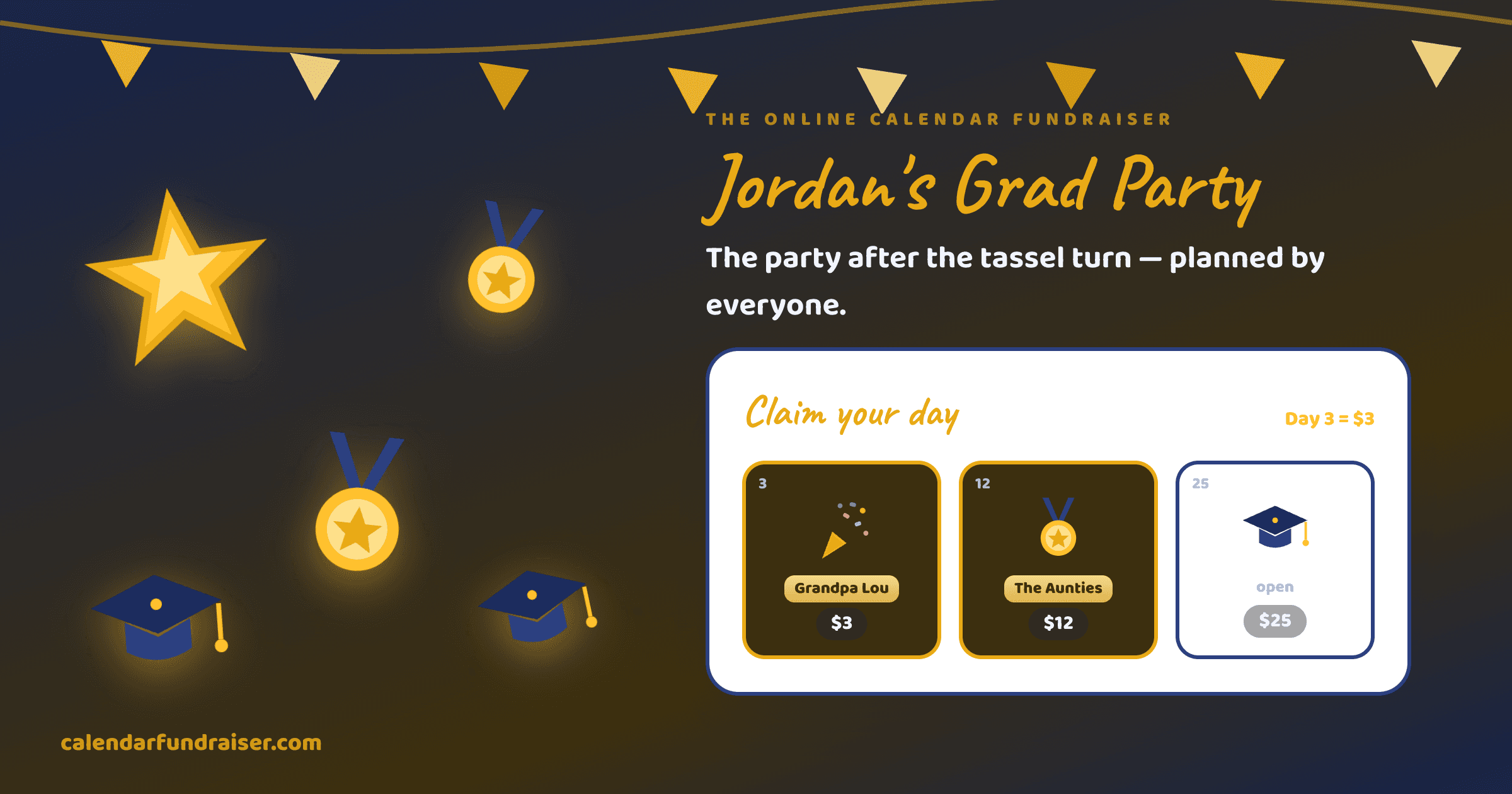 Online calendar fundraiser for a graduation party — Jordan's Grad Party board with caps and diplomas