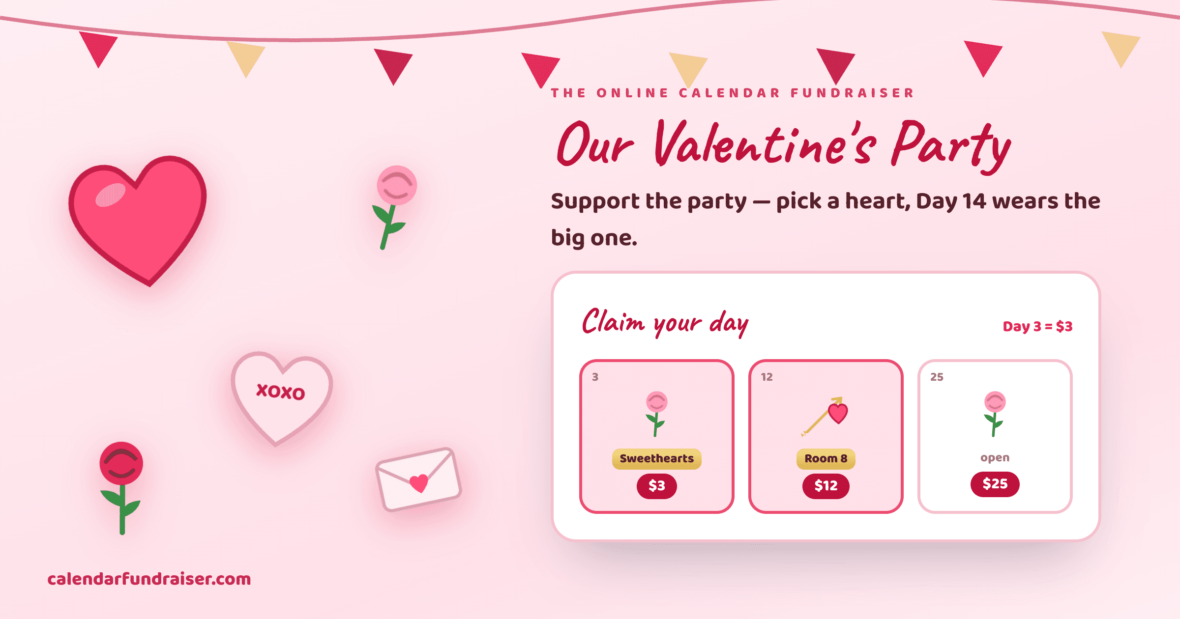 Online calendar fundraiser for a Valentine's Day party — heart-covered February board