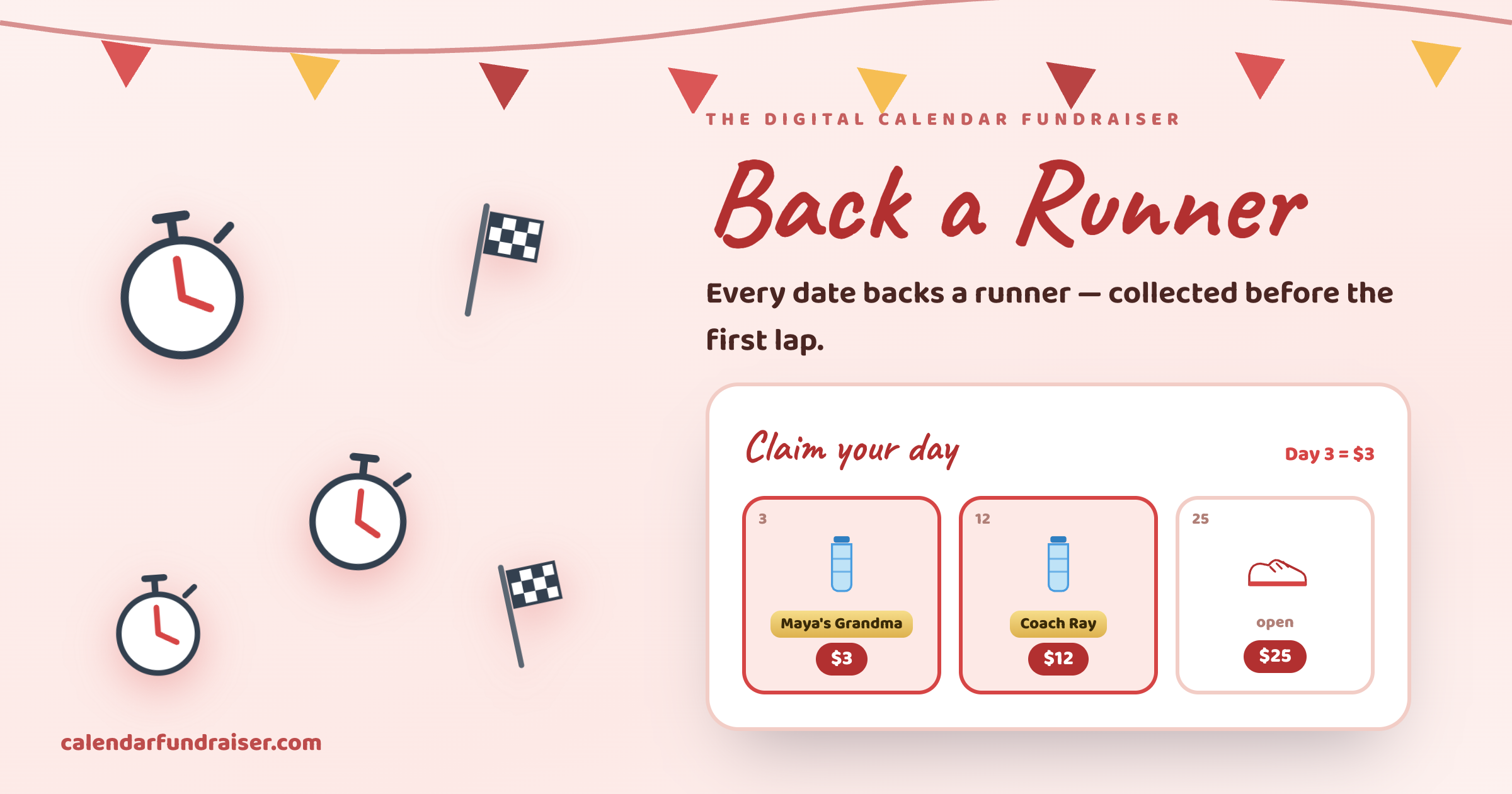 Digital calendar for a school fun run — Back a Runner board with stopwatches and medals