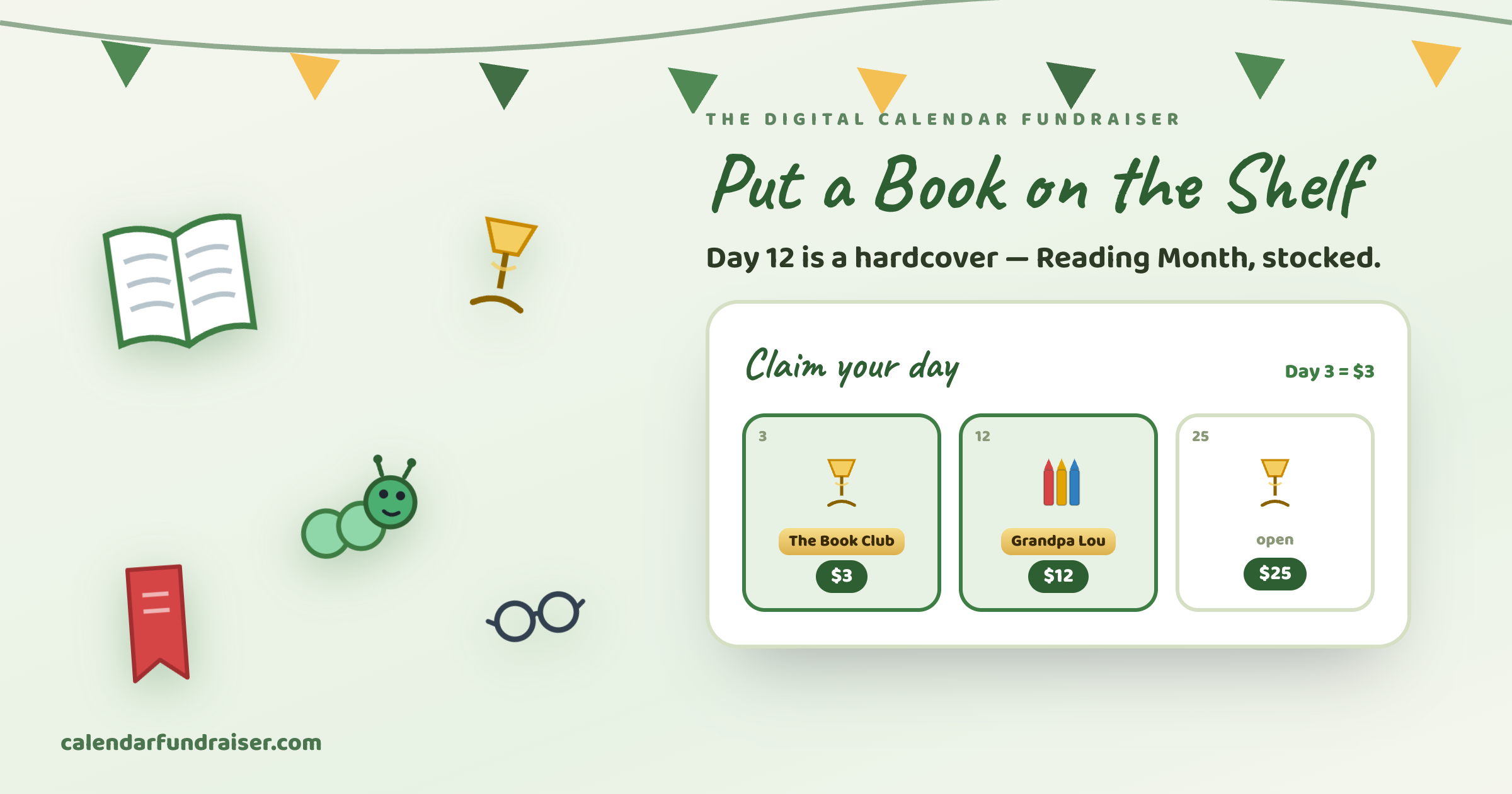 PTA digital calendar fundraiser for the school library — Put a Book on the Shelf board
