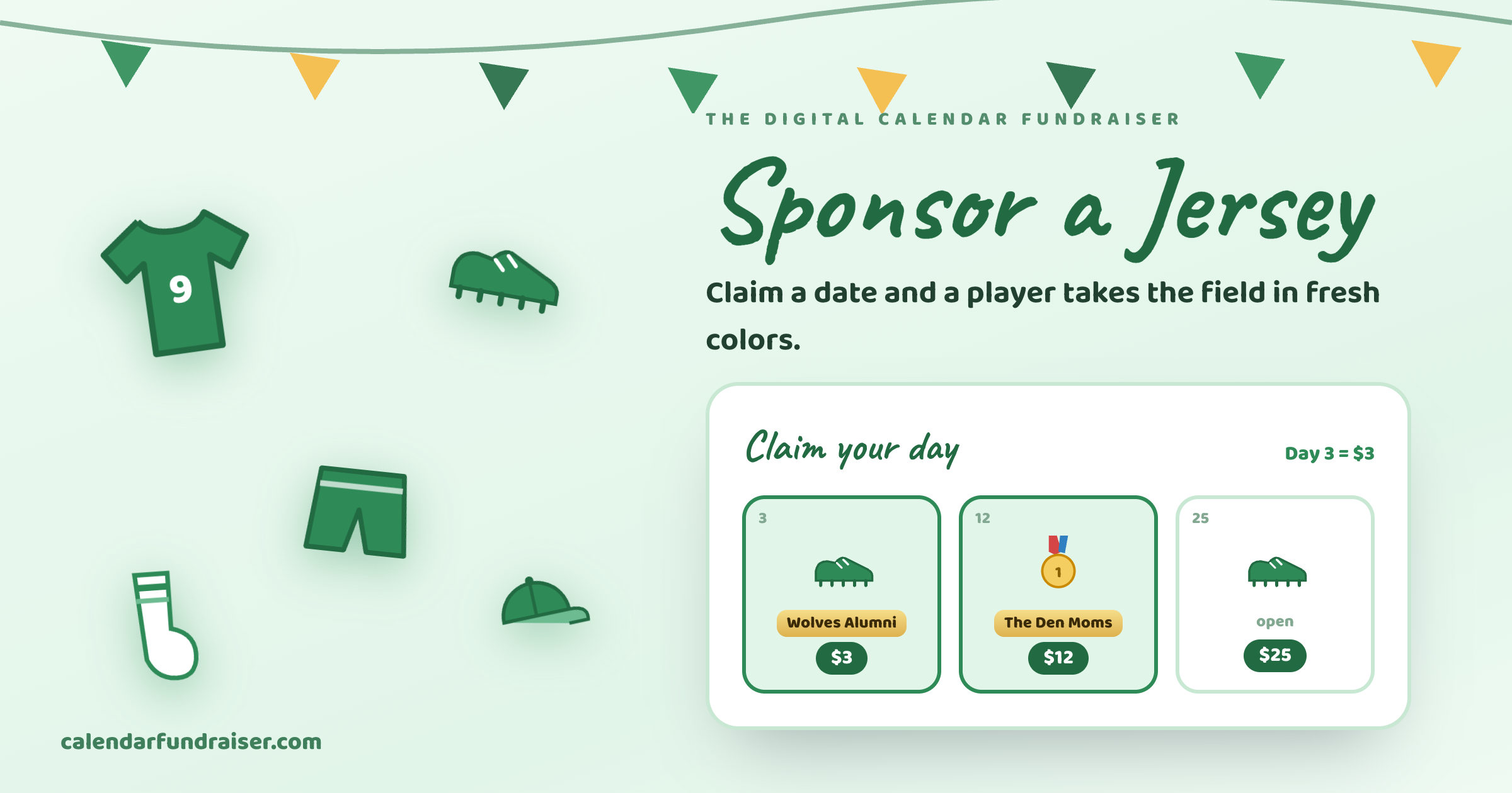 Digital calendar fundraiser for team uniforms — Sponsor a Jersey board with claimed dates