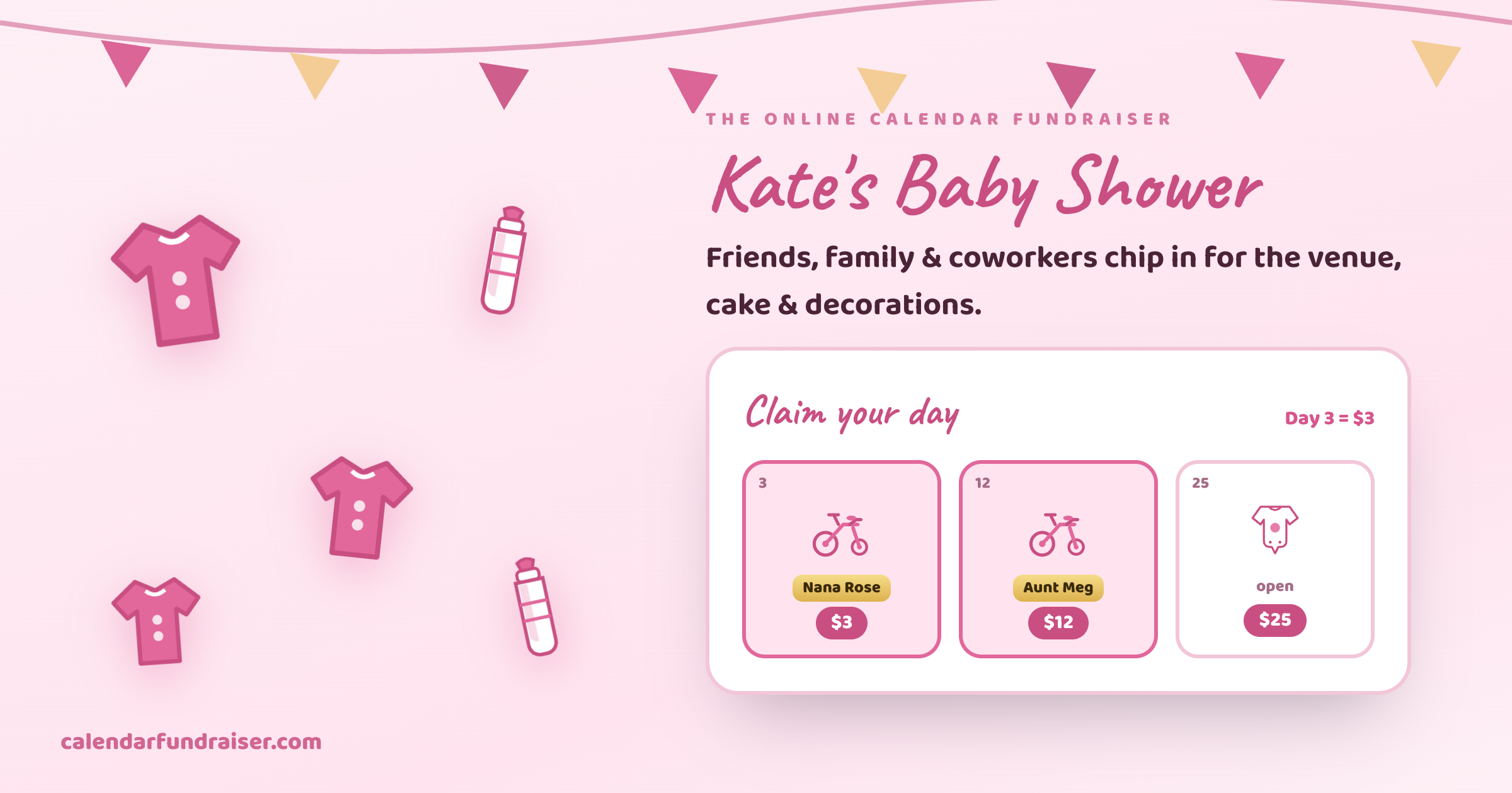 Online calendar fundraiser for a baby shower — Kate's Baby Shower board with claimed dates