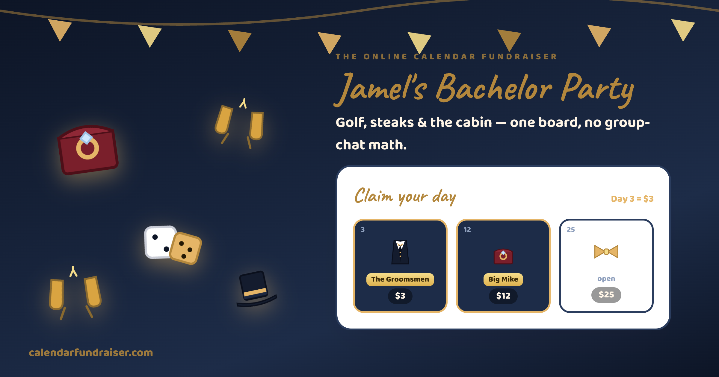 Online calendar fundraiser for a bachelor party — Jamel's Bachelor Party board