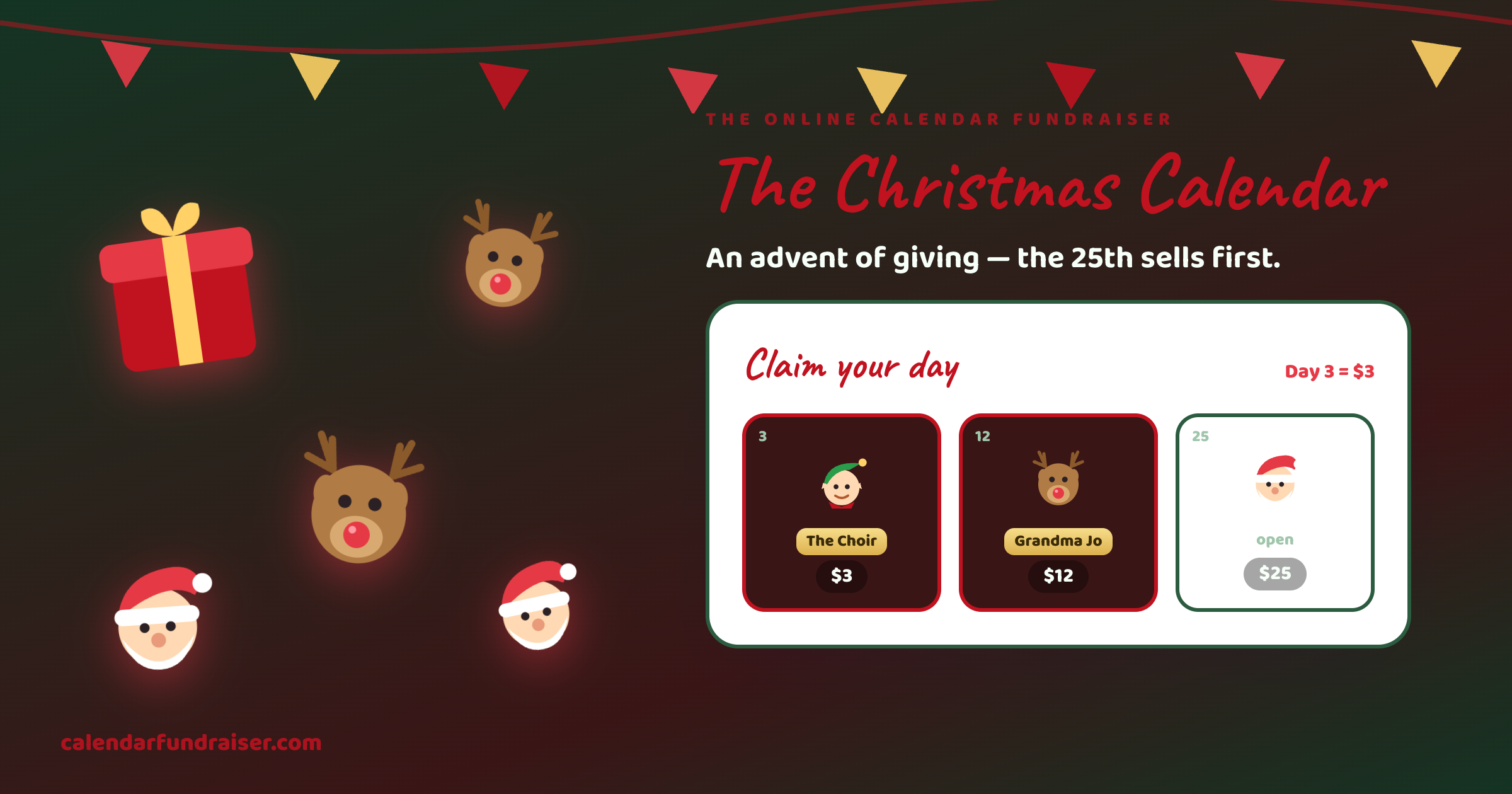 Online calendar fundraiser for Christmas — advent board with ornaments and gifts