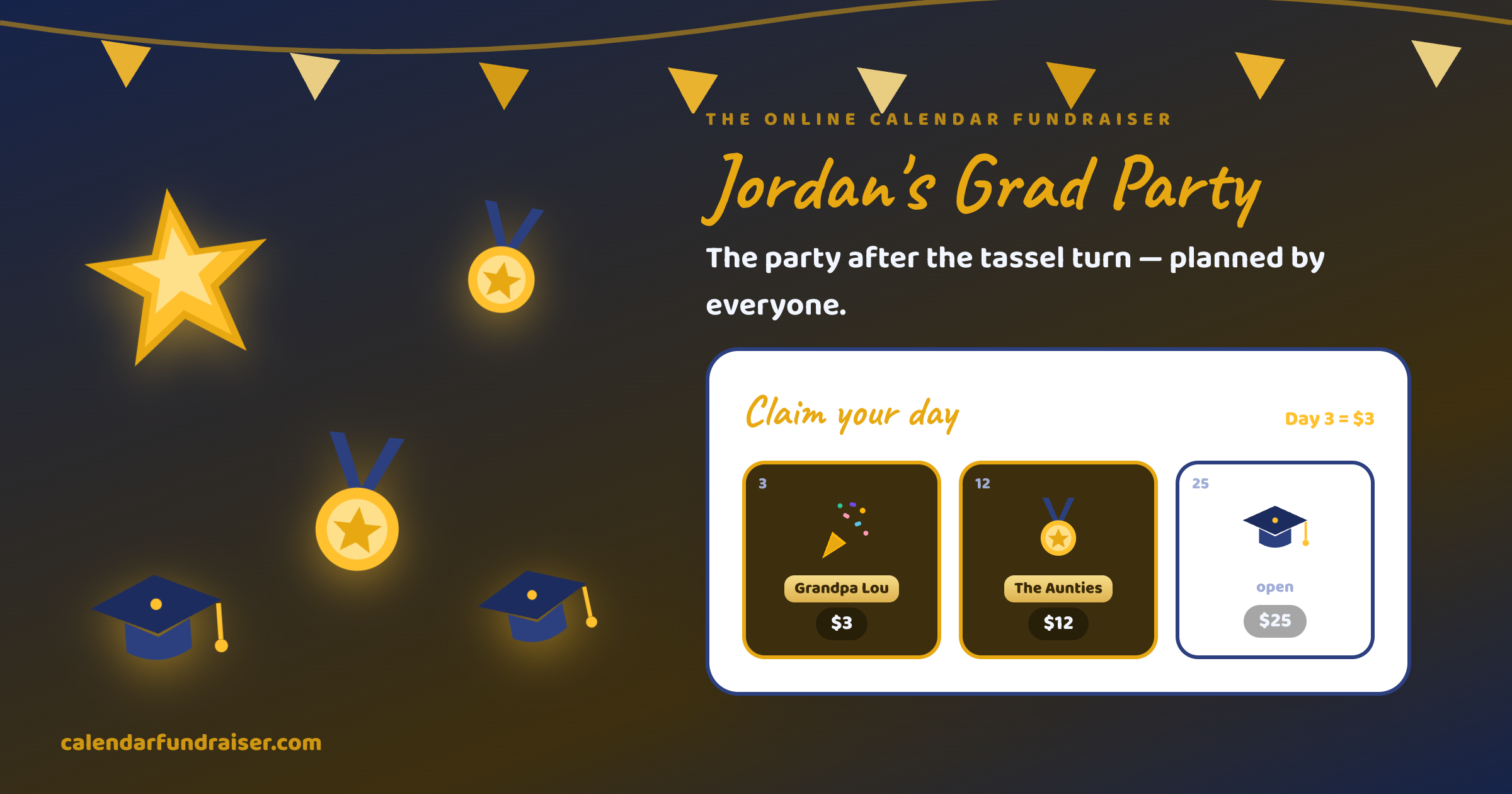 Online calendar fundraiser for a graduation party — Jordan's Grad Party board with caps and diplomas