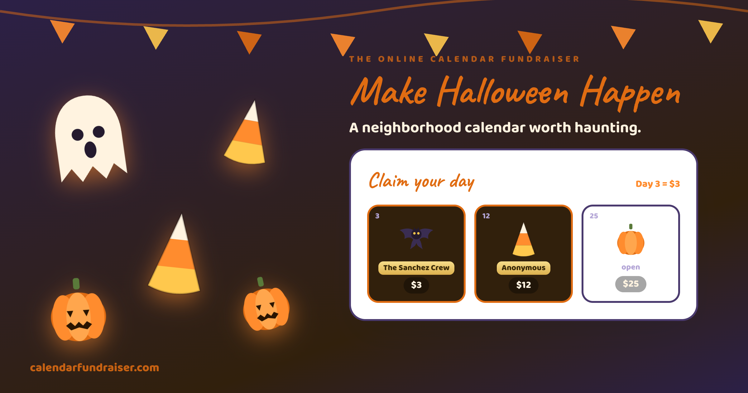 Online calendar fundraiser for a Halloween party — glowing pumpkin board on a dark October night