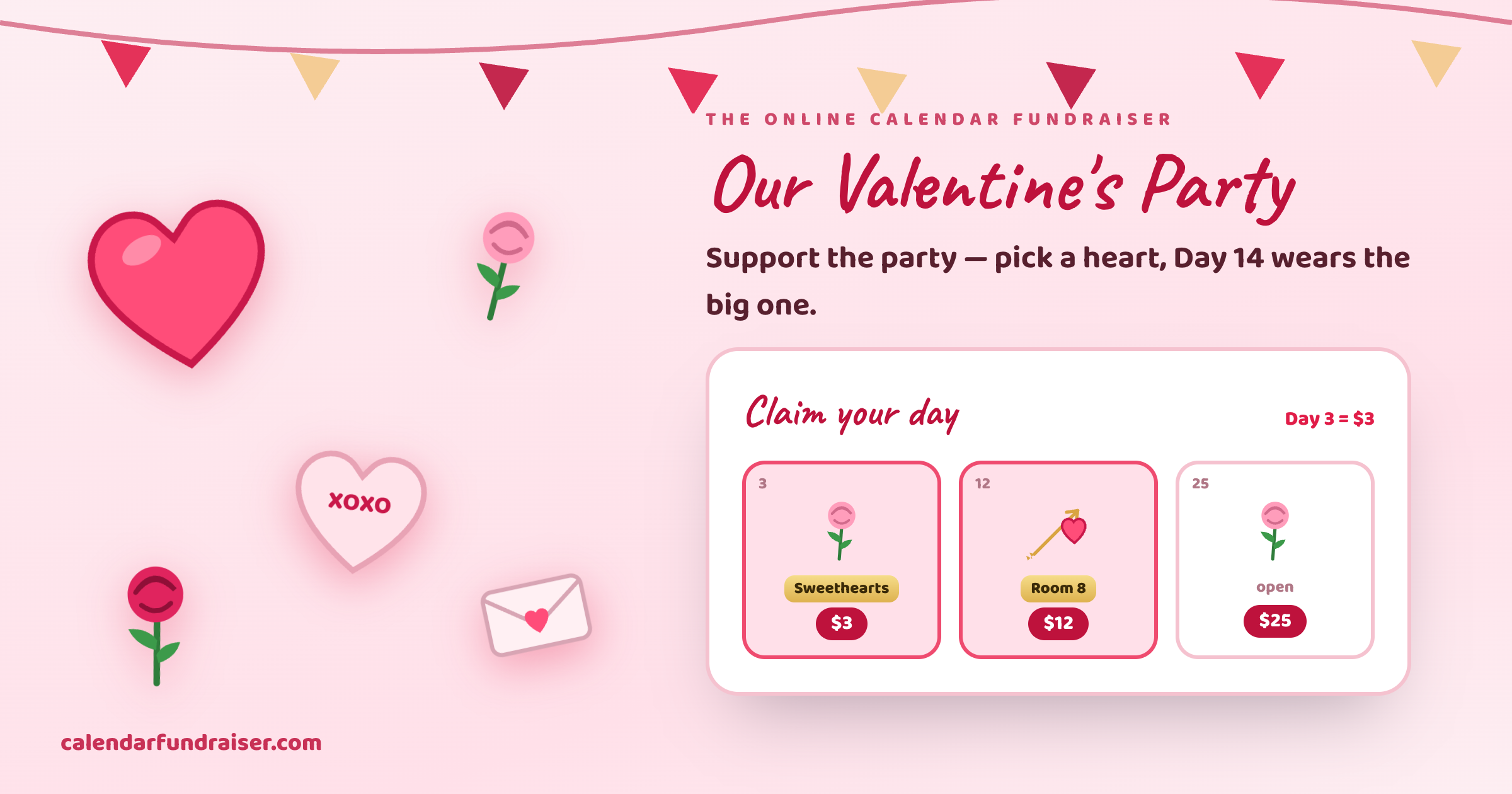 Online calendar fundraiser for a Valentine's Day party — heart-covered February board