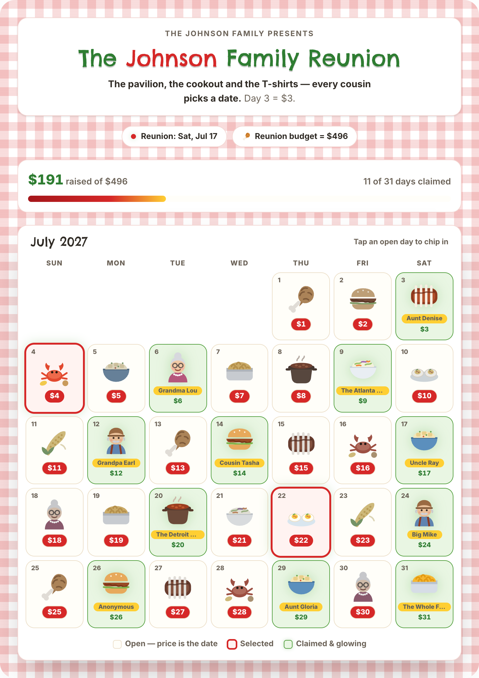 Family reunion fundraiser calendar for July with cookout icons, Grandma and Grandpa, and dates claimed by Aunt Denise, Grandma Lou, Uncle Ray and others.