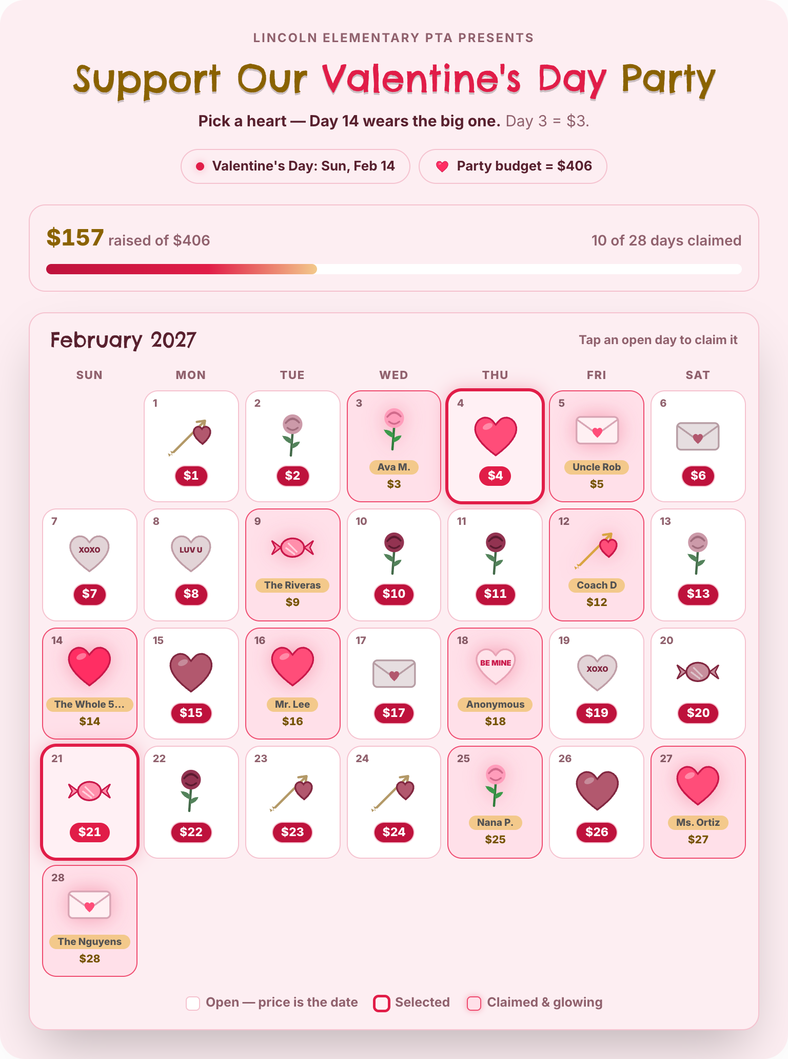 Valentine's Day fundraiser calendar for February, 10 of 28 days claimed by Ava M., Uncle Rob and others, $157 raised of $406.