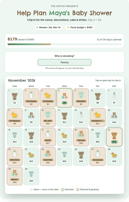 Baby Shower calendar fundraiser filling with claimed dates
