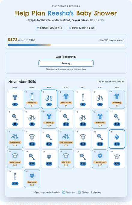 Baby Shower Fundraiser for a Boy calendar fundraiser filling with claimed dates