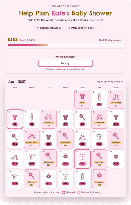 Baby Shower Fundraiser for a Girl calendar fundraiser filling with claimed dates