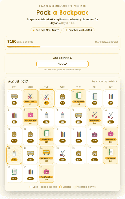 Back to School Supplies calendar fundraiser filling with claimed dates