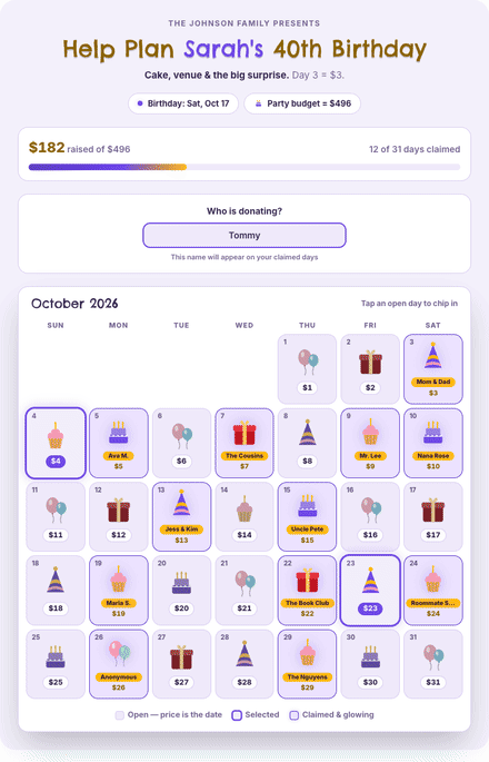 Birthday Party calendar fundraiser filling with claimed dates