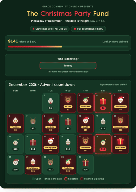 Christmas Party calendar fundraiser filling with claimed dates