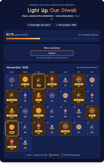 Diwali calendar fundraiser filling with claimed dates