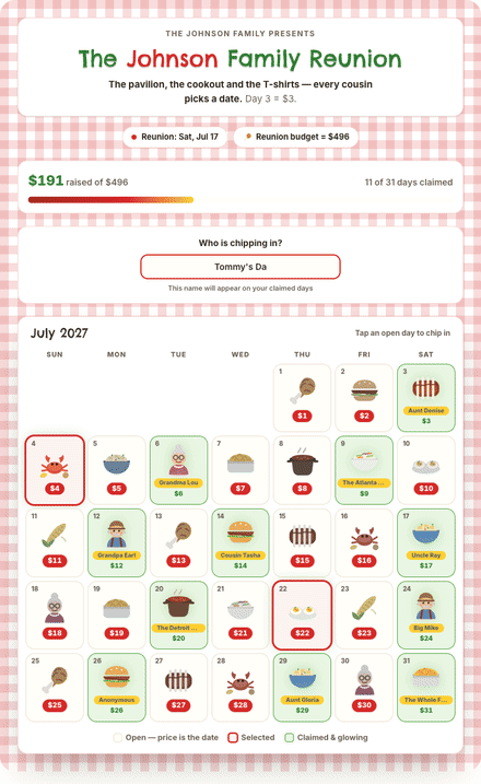 Family Reunion calendar fundraiser filling with claimed dates