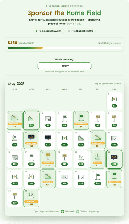 Field & Facility calendar fundraiser filling with claimed dates