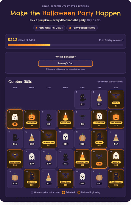 Halloween calendar fundraiser filling with claimed dates