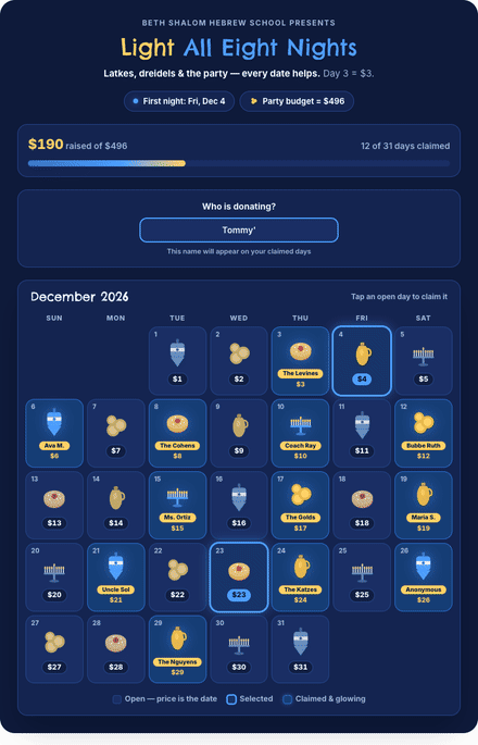 Hanukkah calendar fundraiser filling with claimed dates