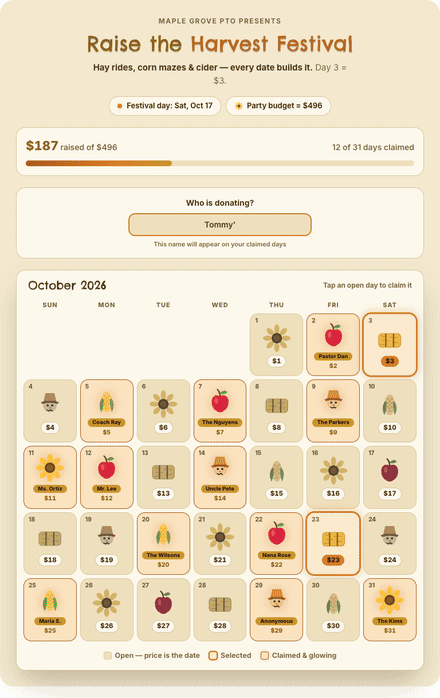 Fall Festival calendar fundraiser filling with claimed dates