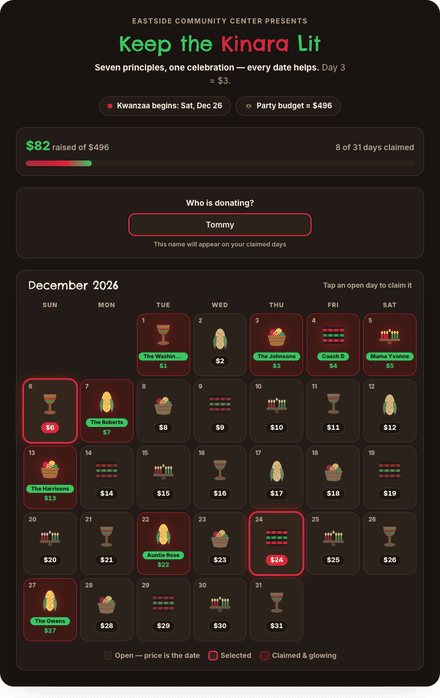 Kwanzaa calendar fundraiser filling with claimed dates