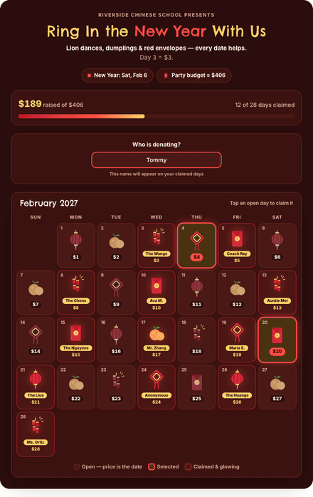 Lunar New Year calendar fundraiser filling with claimed dates