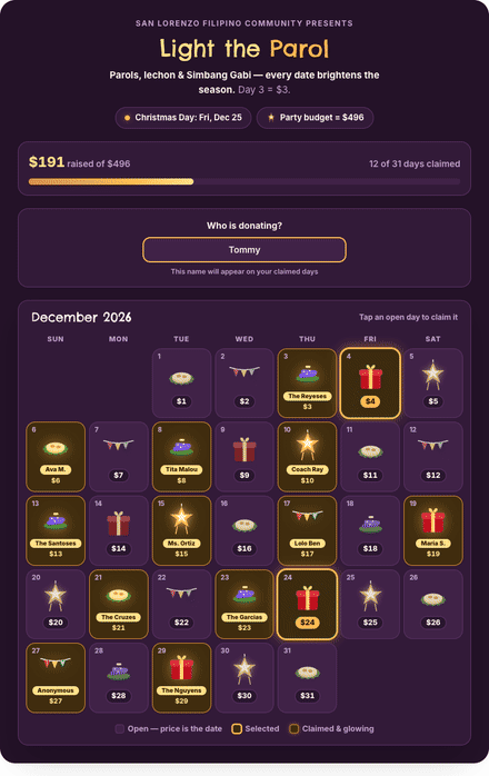 Filipino Christmas calendar fundraiser filling with claimed dates