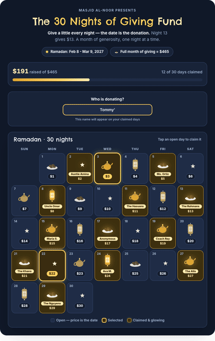 Ramadan calendar fundraiser filling with claimed dates