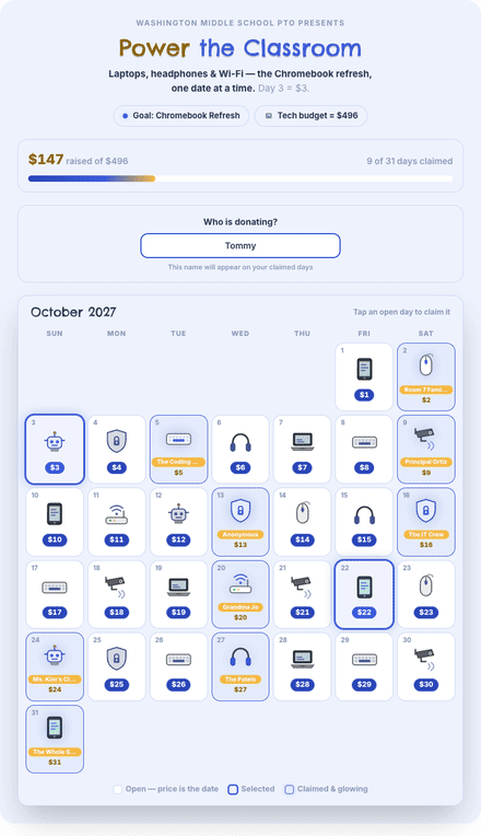 School Technology calendar fundraiser filling with claimed dates