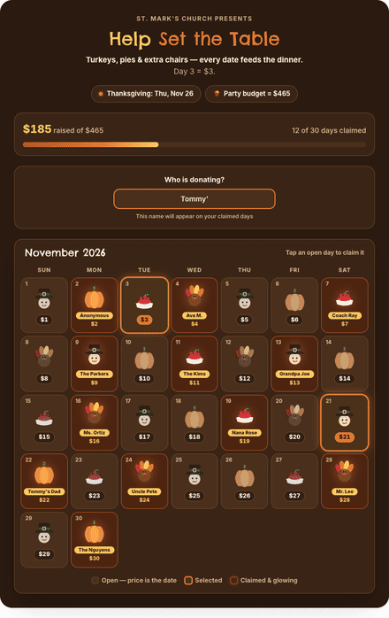 Thanksgiving calendar fundraiser filling with claimed dates